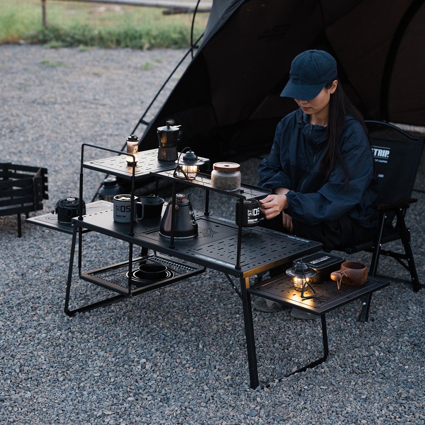 ShineTrip 05 Series Black Mist Modular Integrated Camping Kitchen Table (Spider Web Cutout Half Panel)